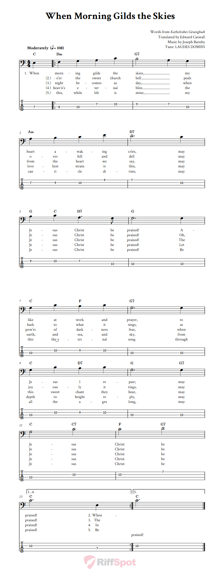 When Morning Gilds the Skies  Bass Guitar Tab