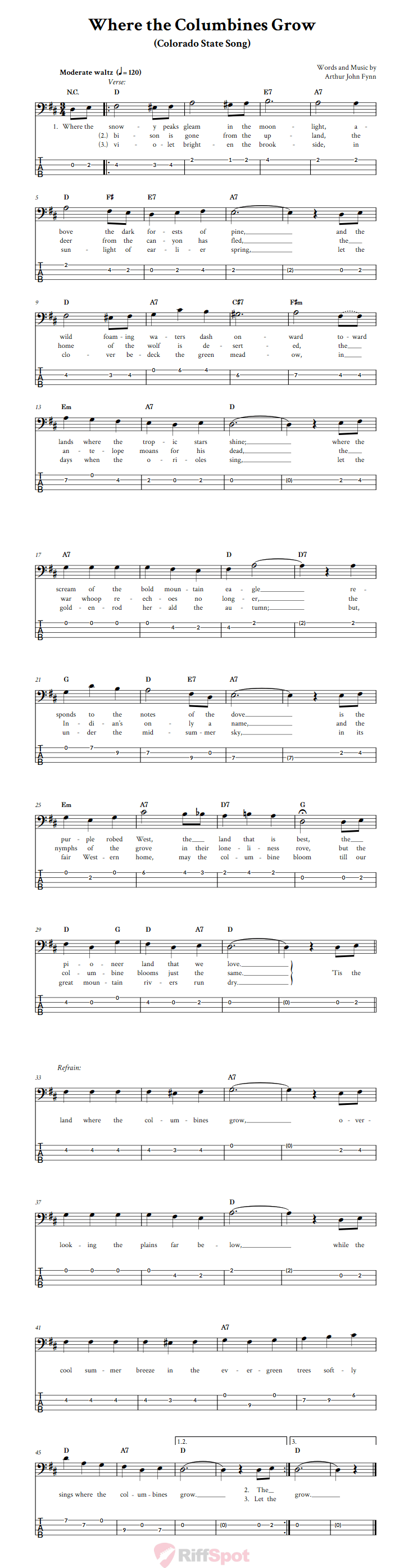 Where the Columbines Grow  Bass Guitar Tab