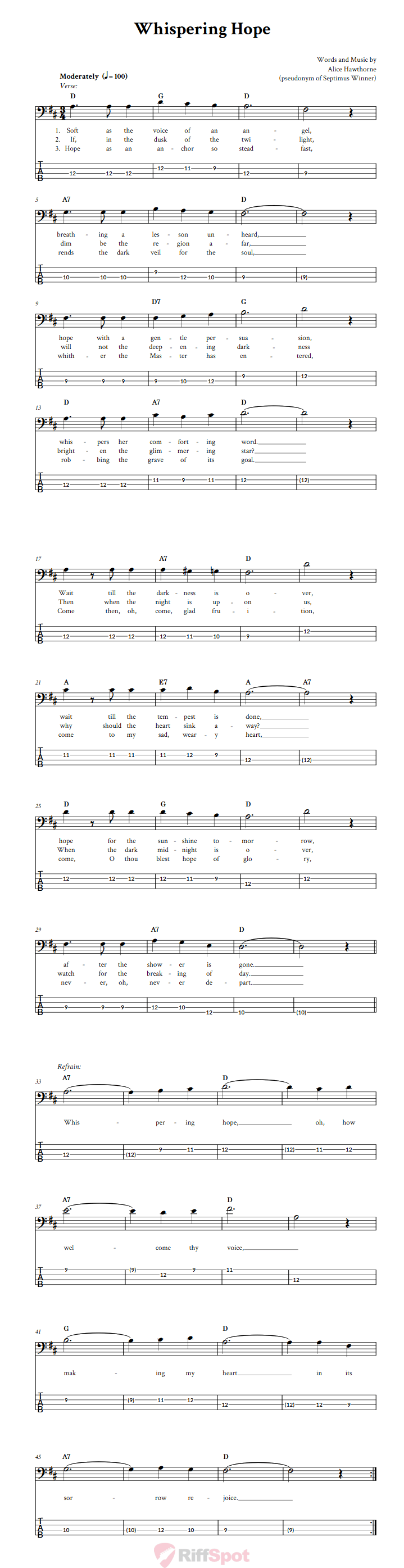 Whispering Hope  Bass Guitar Tab