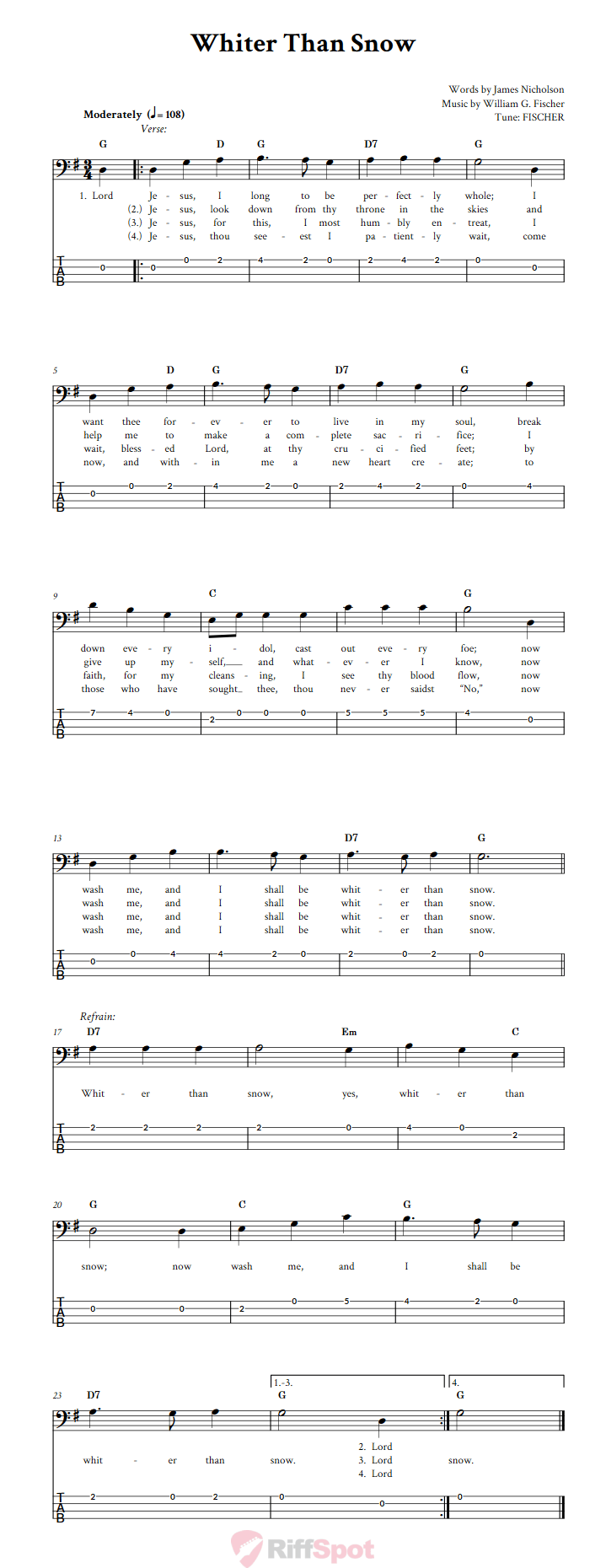 Whiter Than Snow  Bass Guitar Tab