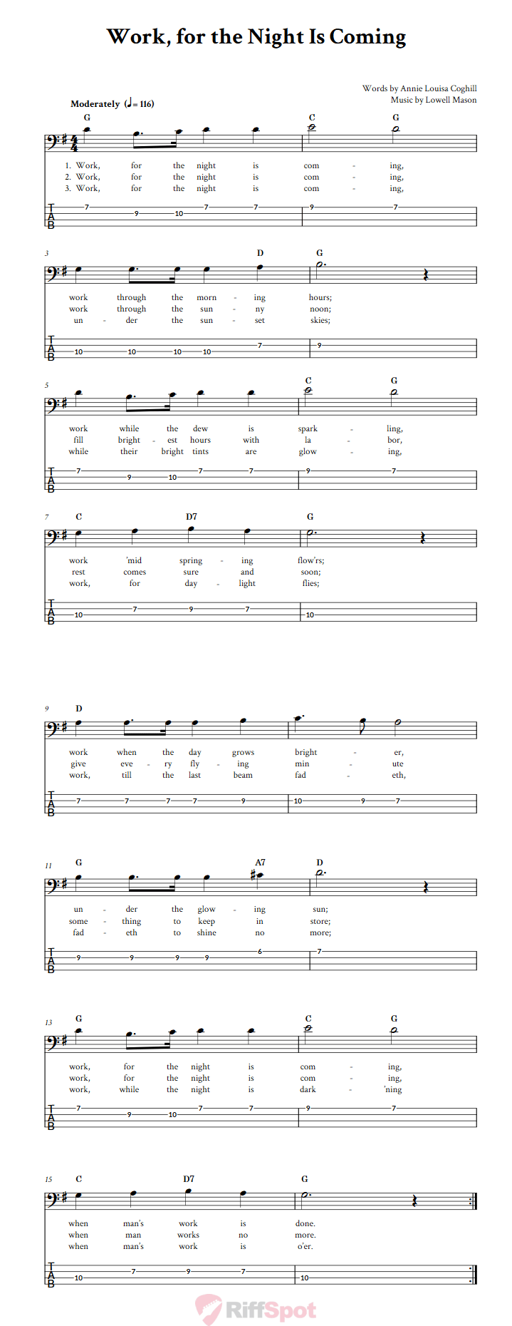 Work, for the Night Is Coming  Bass Guitar Tab