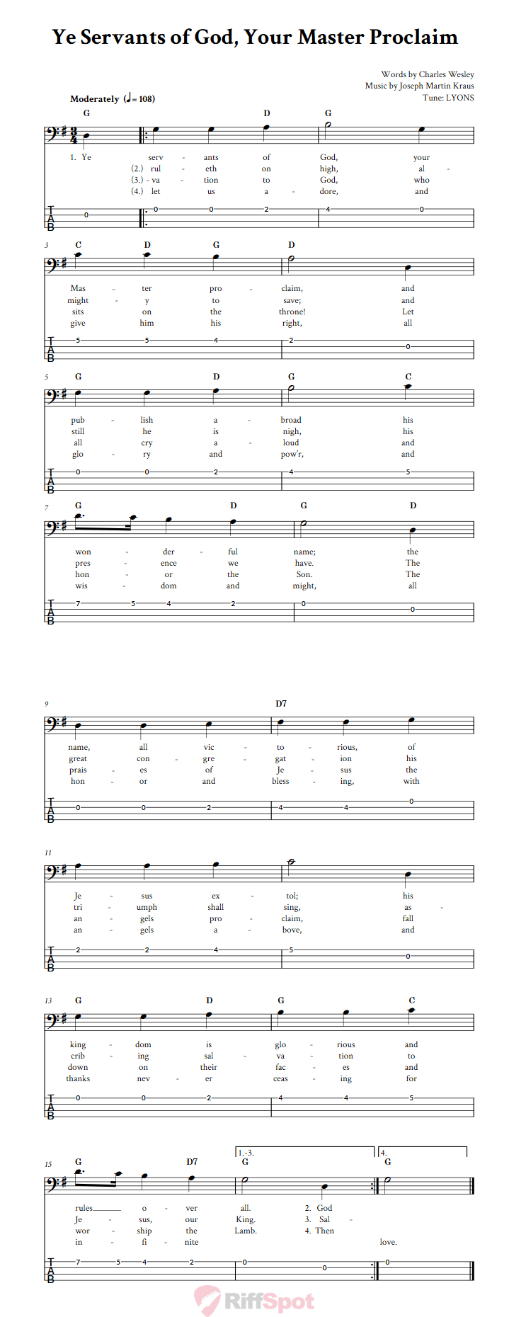 Ye Servants of God, Your Master Proclaim  Bass Guitar Tab