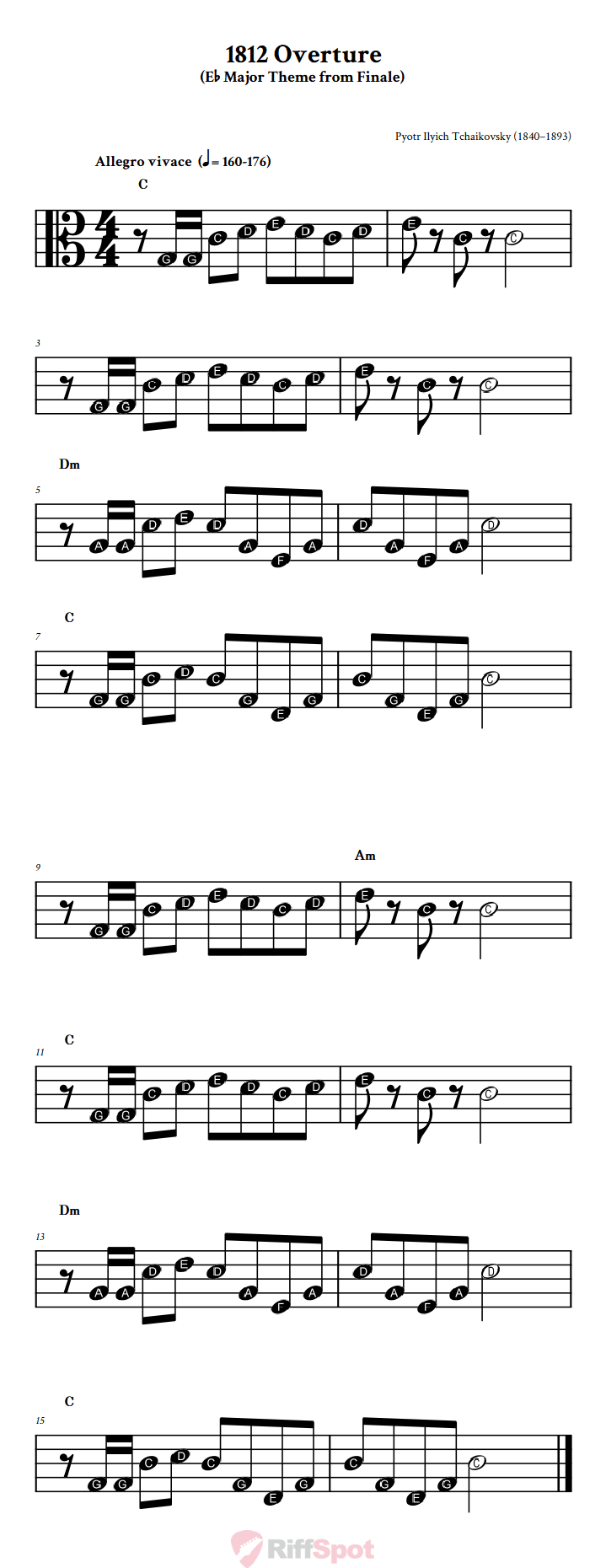 1812 Overture Beginner Alto Clef Sheet Music With Letters for Note Names