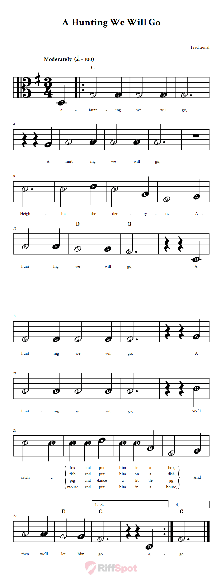 A-Hunting We Will Go Beginner Alto Clef Sheet Music With Letters for Note Names