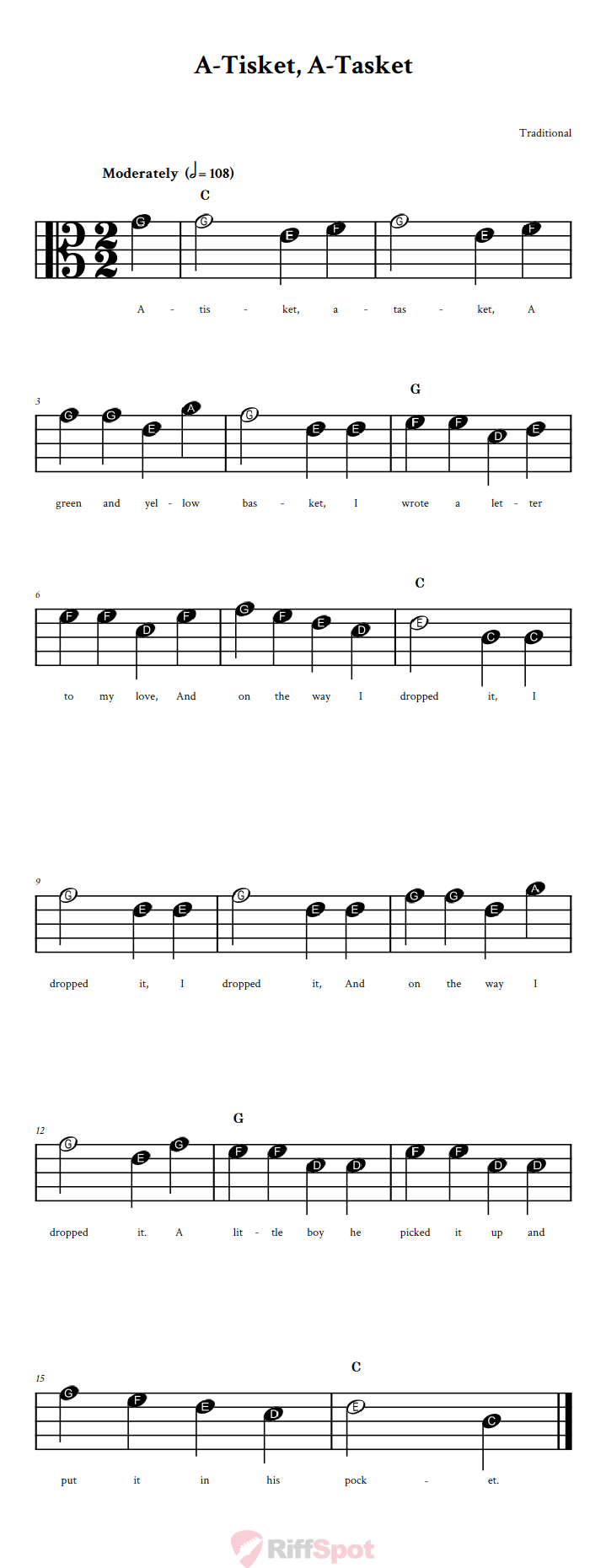 A-Tisket, A-Tasket Beginner Alto Clef Sheet Music With Letters for Note Names