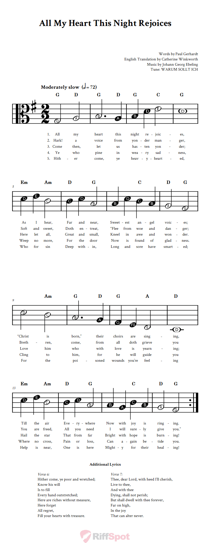 All My Heart This Night Rejoices Beginner Alto Clef Sheet Music With Letters for Note Names