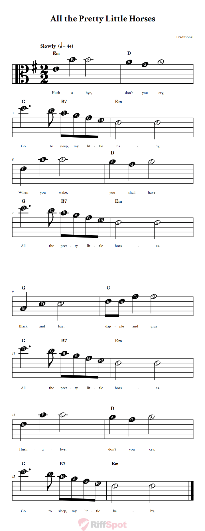 All the Pretty Little Horses Beginner Alto Clef Sheet Music With Letters for Note Names