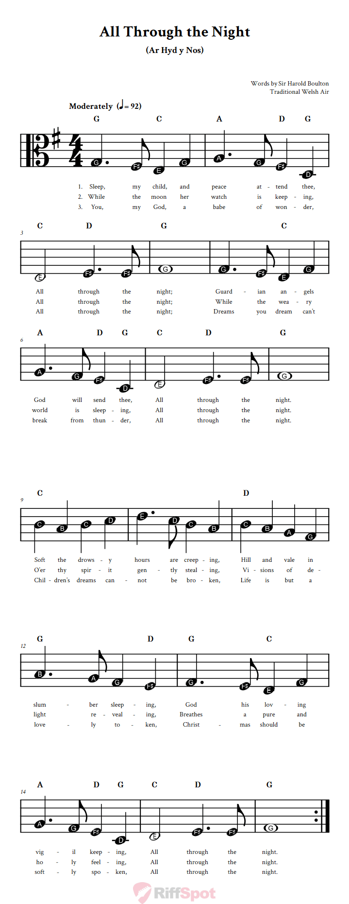 All Through the Night Beginner Alto Clef Sheet Music With Letters for Note Names