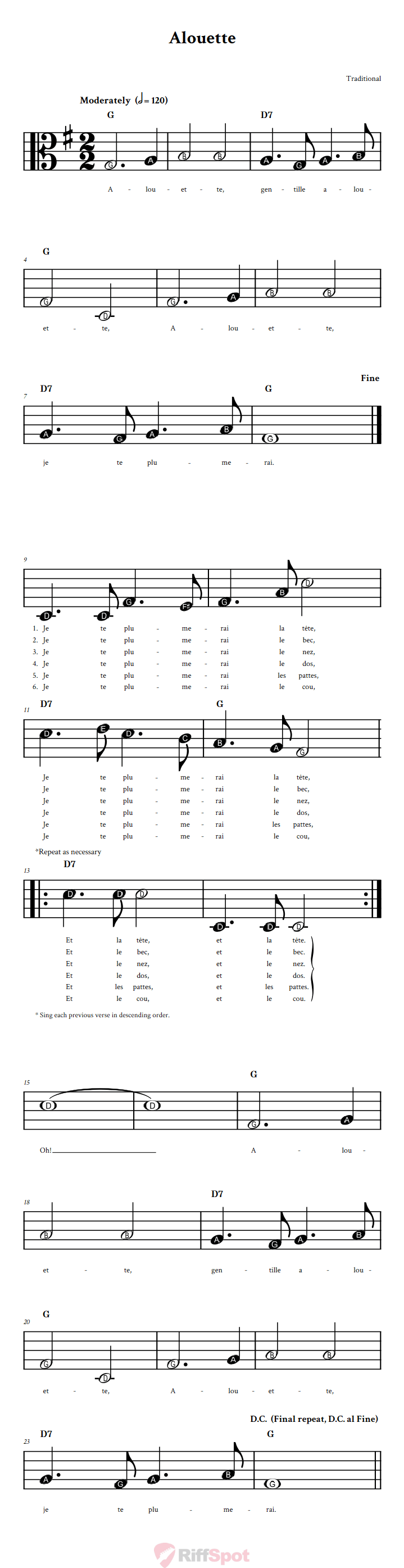 Alouette Beginner Alto Clef Sheet Music With Letters for Note Names