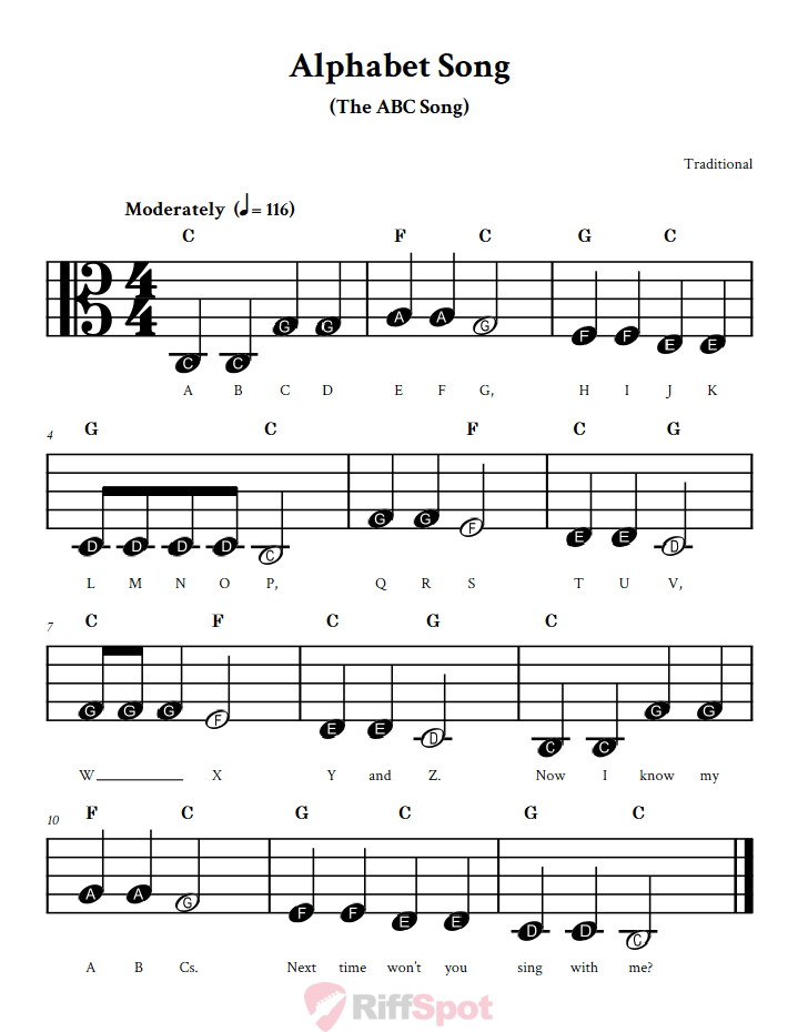 Alphabet Song Beginner Alto Clef Sheet Music With Letters for Note Names