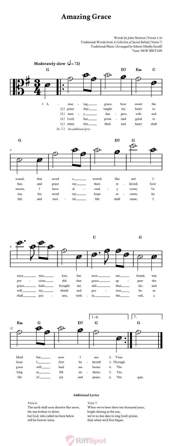 Amazing Grace Beginner Alto Clef Sheet Music With Letters for Note Names