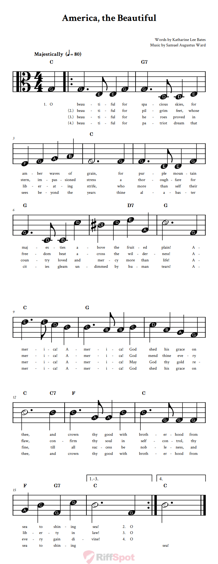 America, the Beautiful Beginner Alto Clef Sheet Music With Letters for Note Names