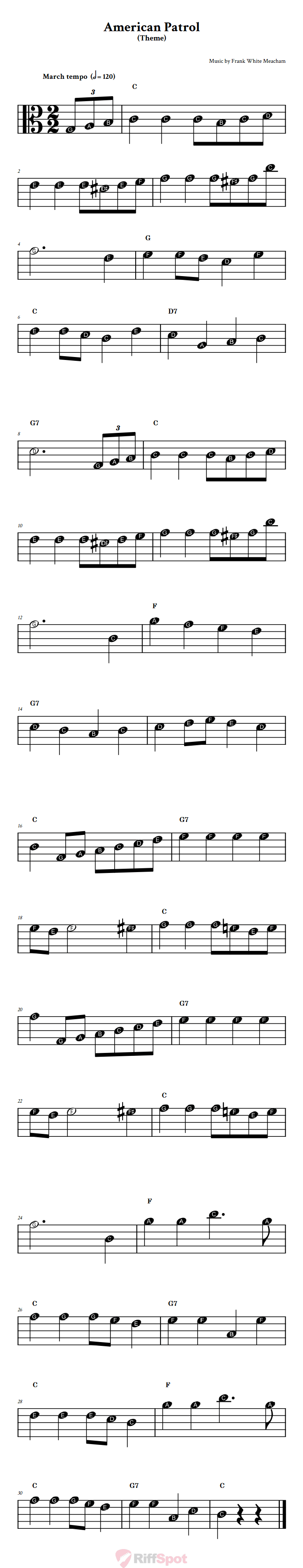 American Patrol Beginner Alto Clef Sheet Music With Letters for Note Names