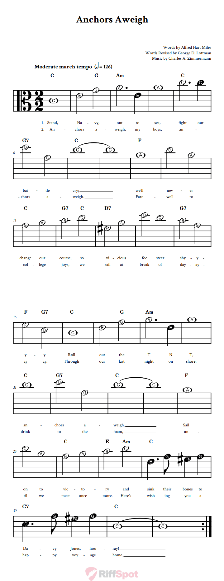 Anchors Aweigh Beginner Alto Clef Sheet Music With Letters for Note Names