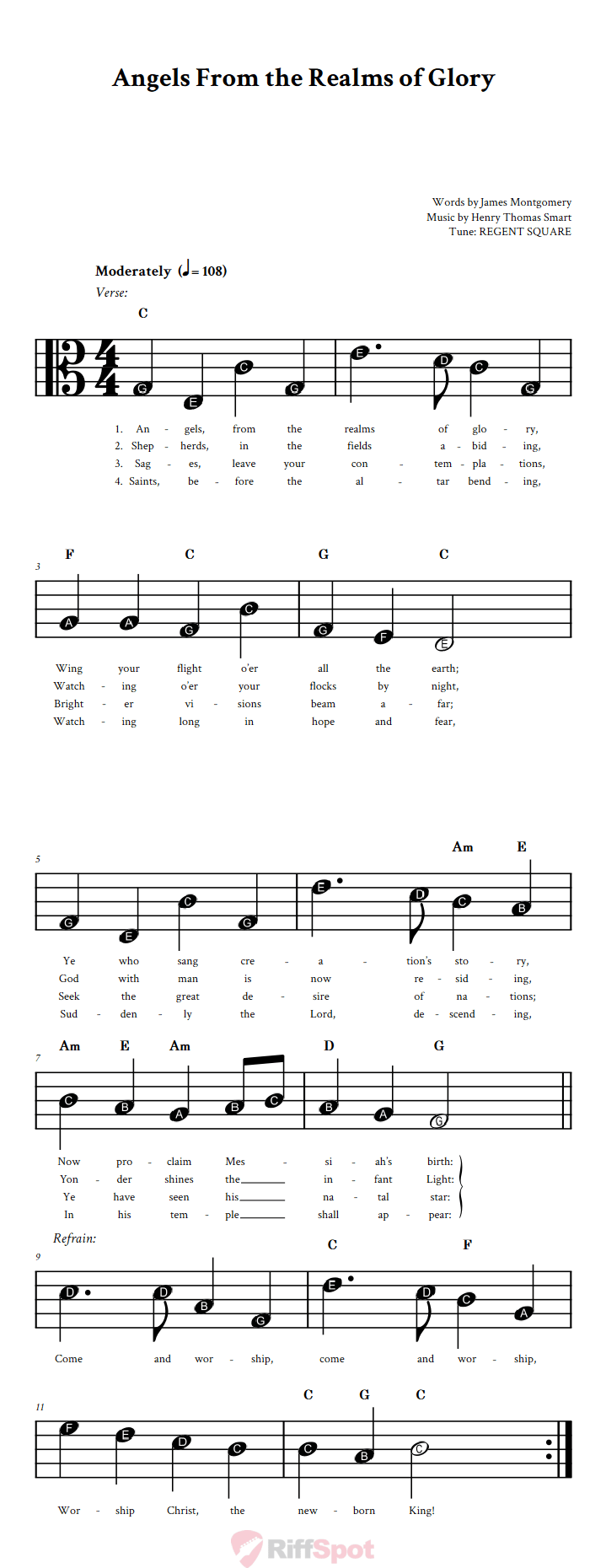 Angels From the Realms of Glory Beginner Alto Clef Sheet Music With Letters for Note Names