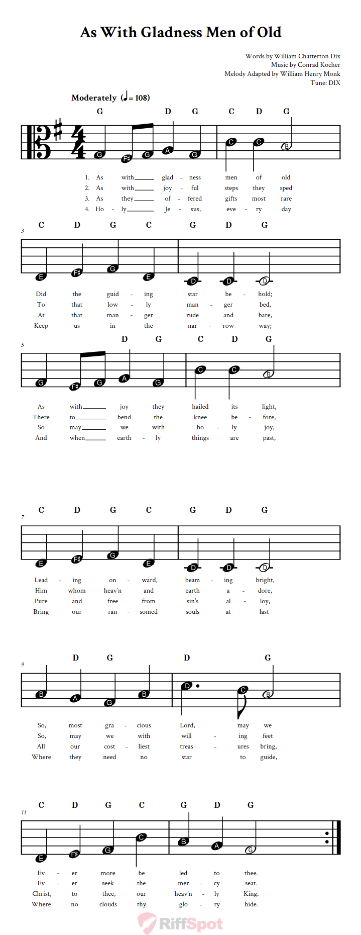 As With Gladness Men of Old Beginner Alto Clef Sheet Music With Letters for Note Names