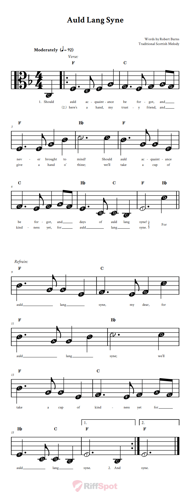 Auld Lang Syne Beginner Alto Clef Sheet Music With Letters for Note Names