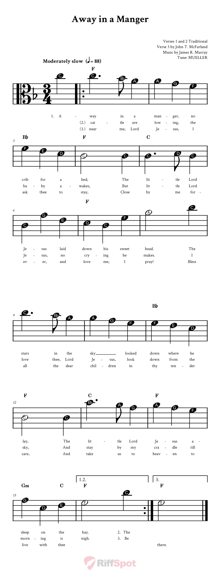 Away in a Manger Beginner Alto Clef Sheet Music With Letters for Note Names