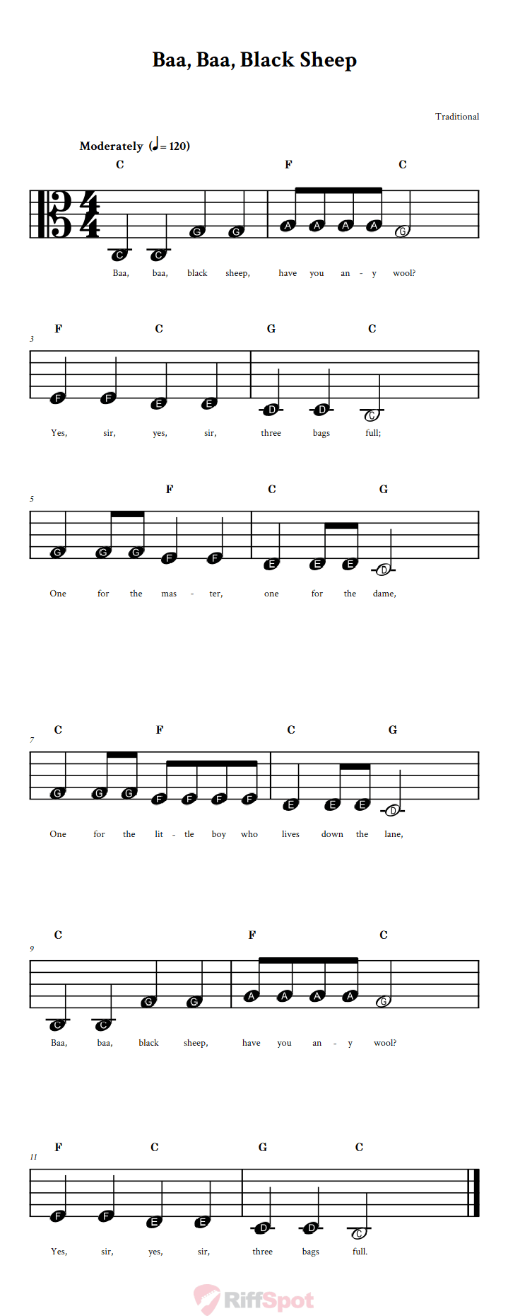 Baa, Baa, Black Sheep Beginner Alto Clef Sheet Music With Letters for Note Names