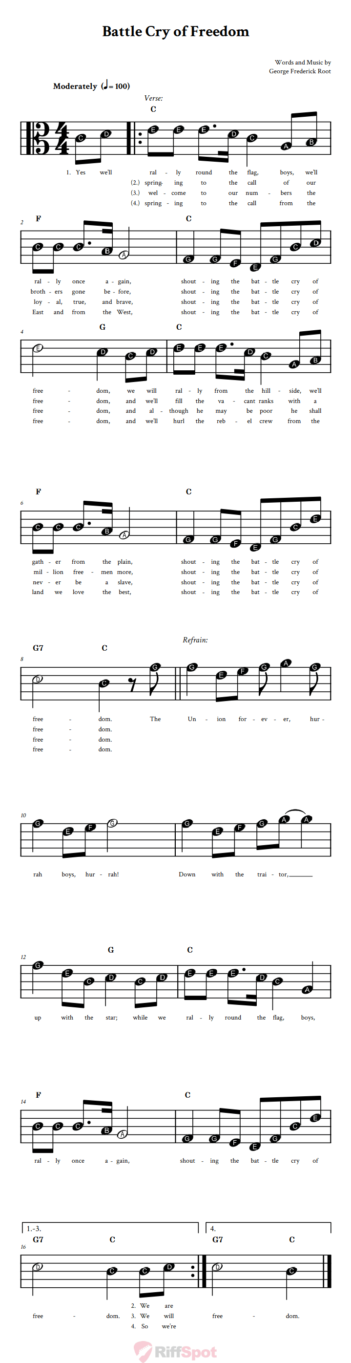 Battle Cry of Freedom Beginner Alto Clef Sheet Music With Letters for Note Names