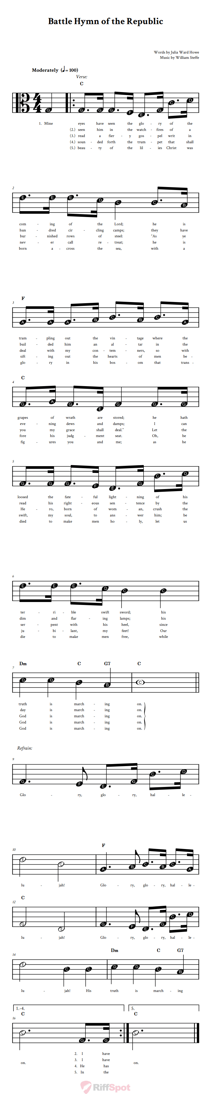 Battle Hymn of the Republic Beginner Alto Clef Sheet Music With Letters for Note Names