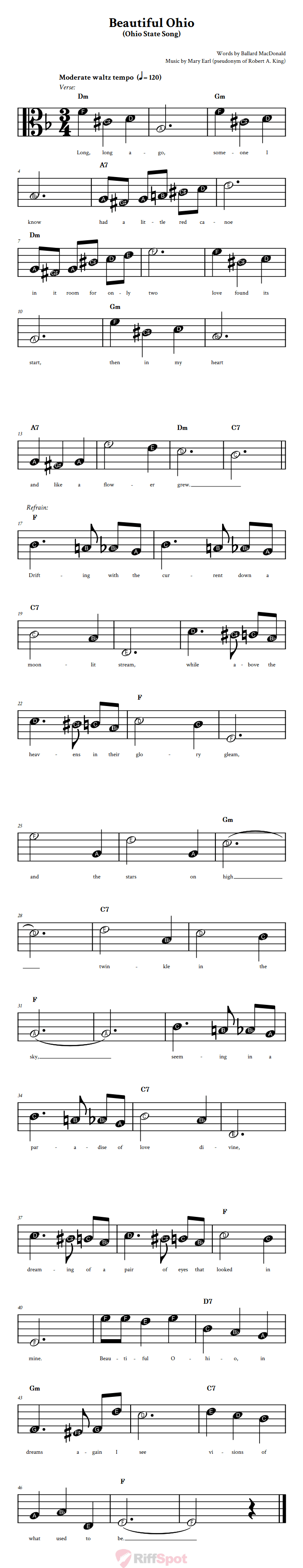 Beautiful Ohio Beginner Alto Clef Sheet Music With Letters for Note Names