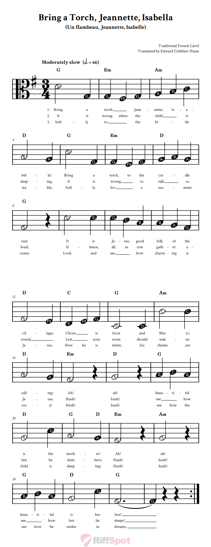 Bring a Torch, Jeannette, Isabella Beginner Alto Clef Sheet Music With Letters for Note Names