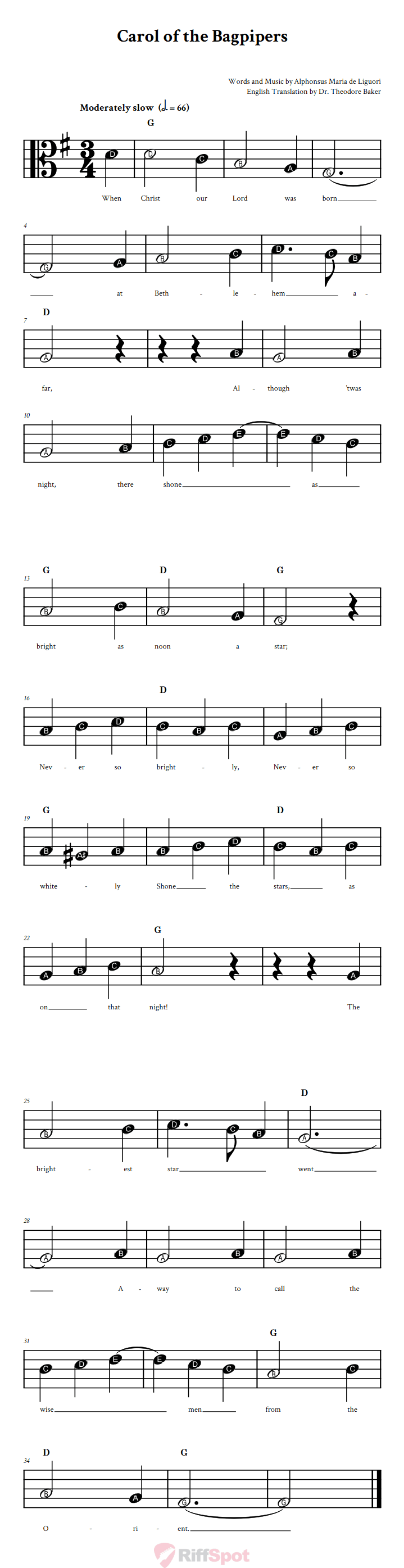 Carol of the Bagpipers Beginner Alto Clef Sheet Music With Letters for Note Names