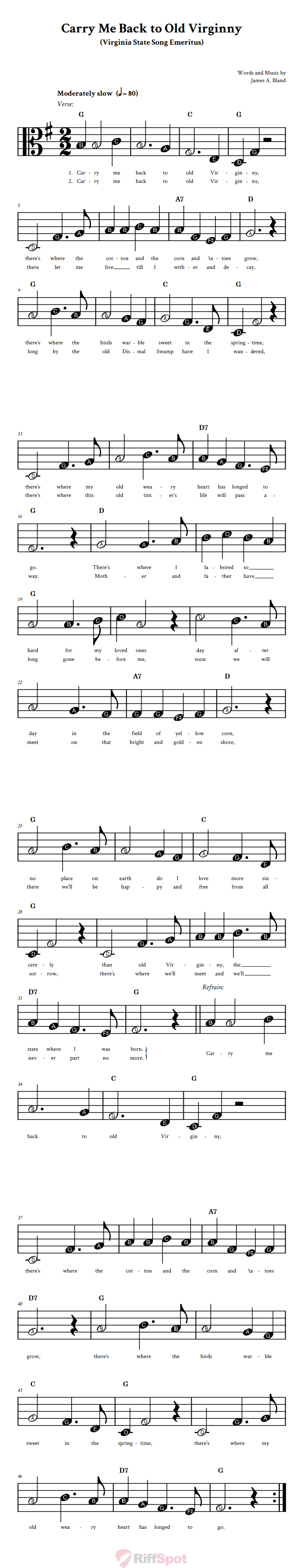 Carry Me Back to Old Virginny Beginner Alto Clef Sheet Music With Letters for Note Names