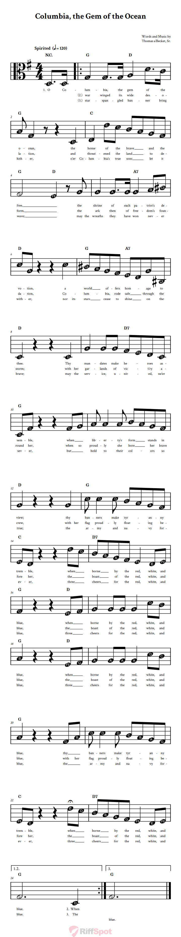 Columbia, the Gem of the Ocean Beginner Alto Clef Sheet Music With Letters for Note Names