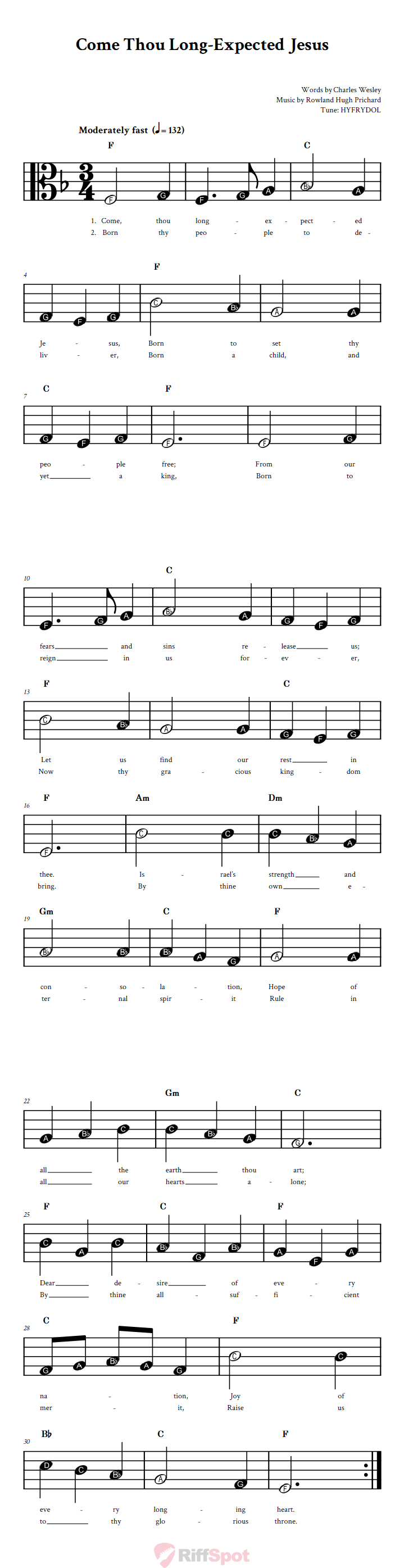 Come Thou Long-Expected Jesus Beginner Alto Clef Sheet Music With Letters for Note Names