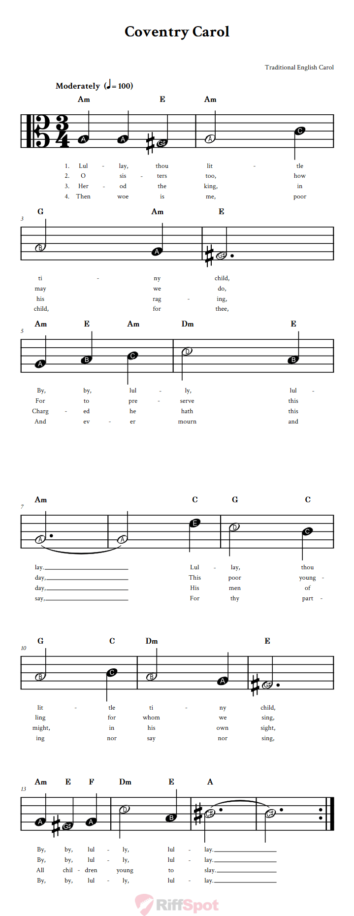 Coventry Carol Beginner Alto Clef Sheet Music With Letters for Note Names