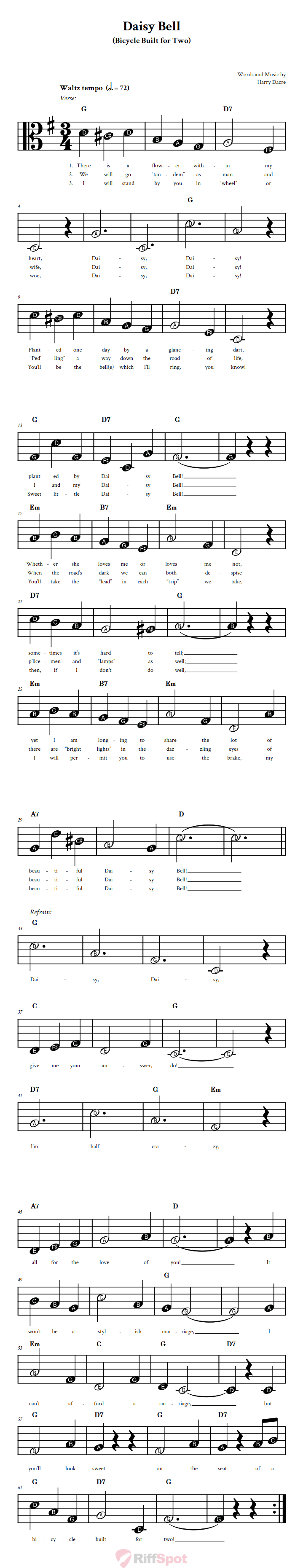 Daisy Bell Beginner Alto Clef Sheet Music With Letters for Note Names