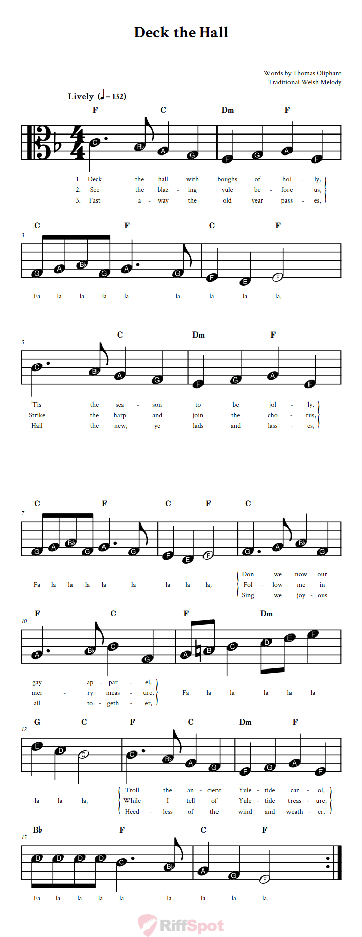 Deck the Hall Beginner Alto Clef Sheet Music With Letters for Note Names