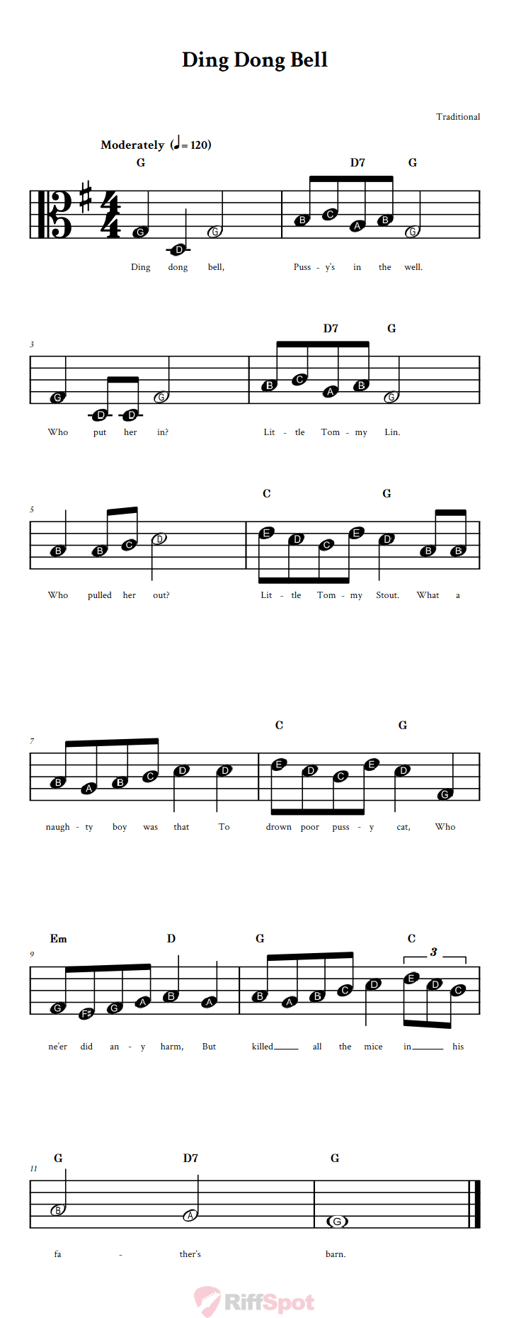 Ding Dong Bell Beginner Alto Clef Sheet Music With Letters for Note Names
