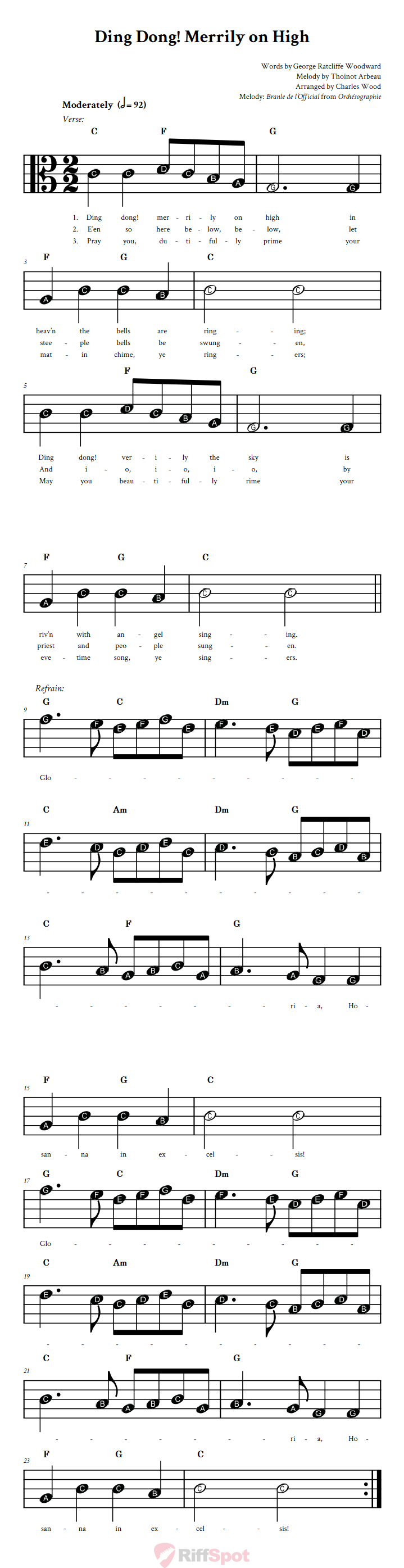 Ding Dong! Merrily on High Beginner Alto Clef Sheet Music With Letters for Note Names