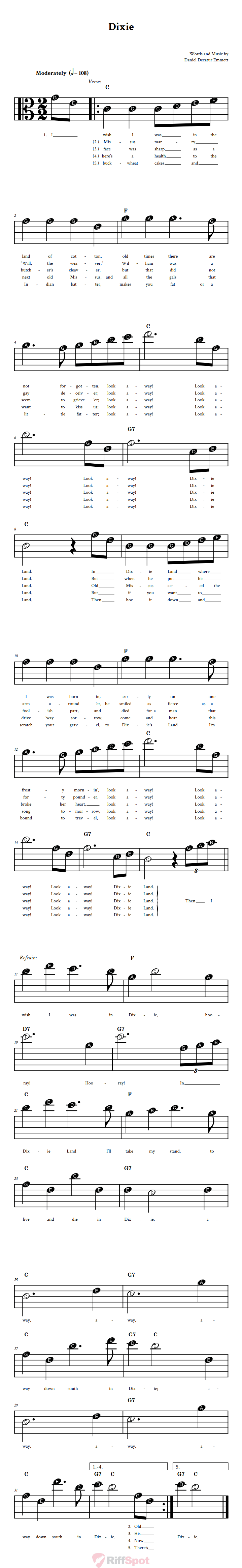 Dixie Beginner Alto Clef Sheet Music With Letters for Note Names