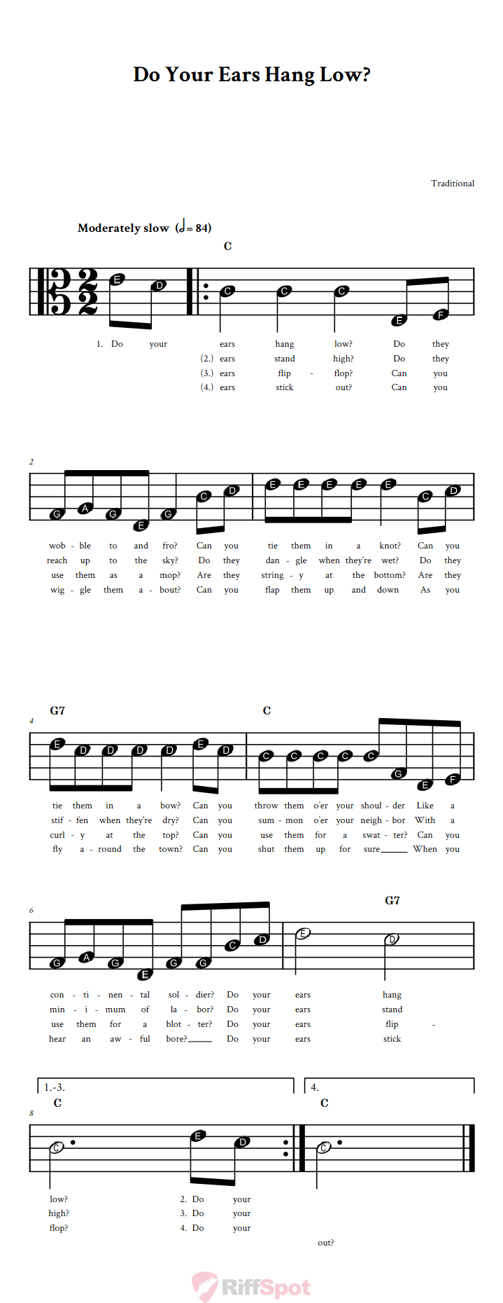 Do Your Ears Hang Low? Beginner Alto Clef Sheet Music With Letters for Note Names