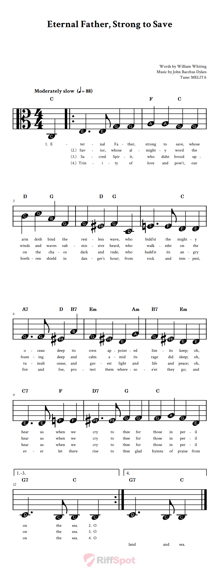 Eternal Father, Strong to Save Beginner Alto Clef Sheet Music With Letters for Note Names