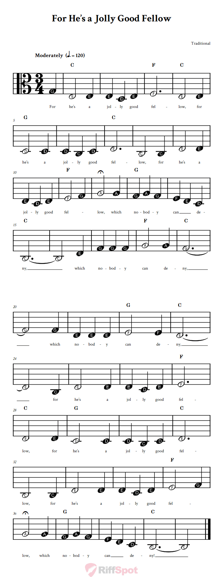 For He's a Jolly Good Fellow Beginner Alto Clef Sheet Music With Letters for Note Names