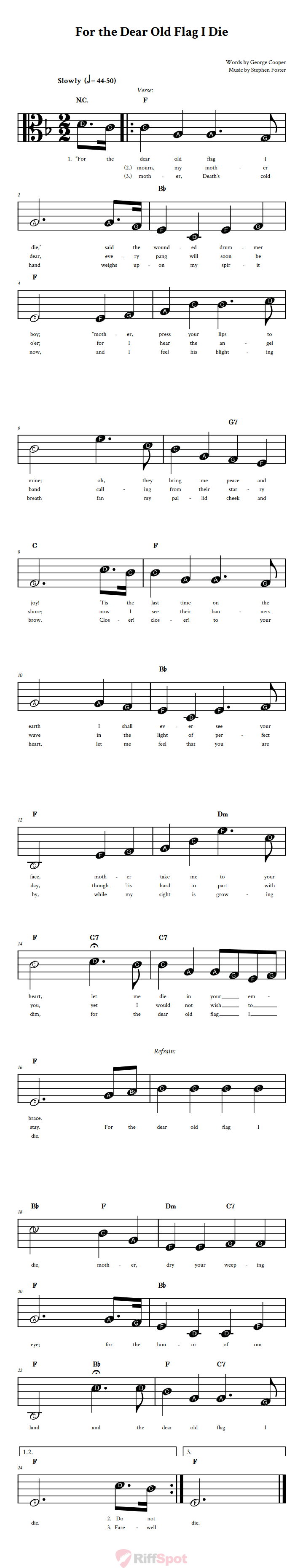 For the Dear Old Flag I Die Beginner Alto Clef Sheet Music With Letters for Note Names