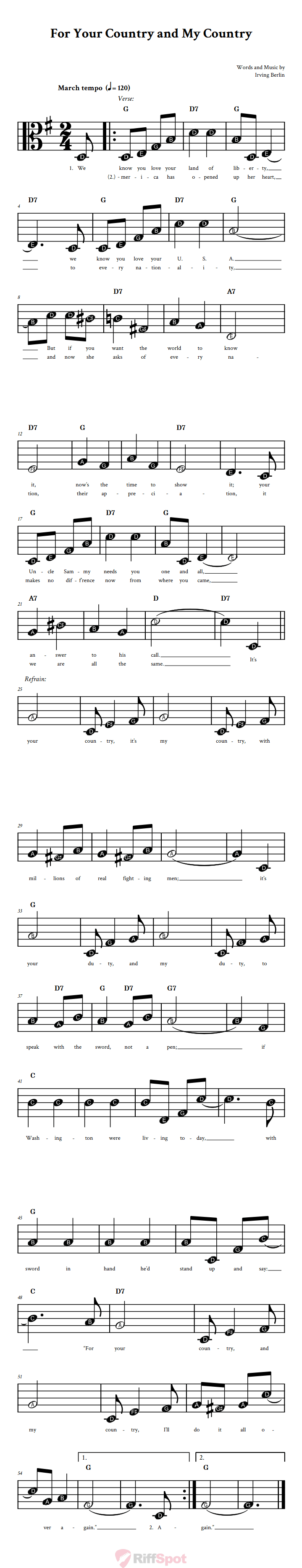 For Your Country and My Country Beginner Alto Clef Sheet Music With Letters for Note Names