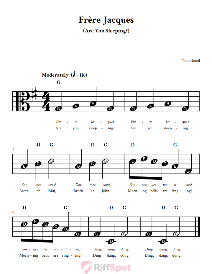 Frère Jacques Beginner Alto Clef Sheet Music With Letters for Note Names