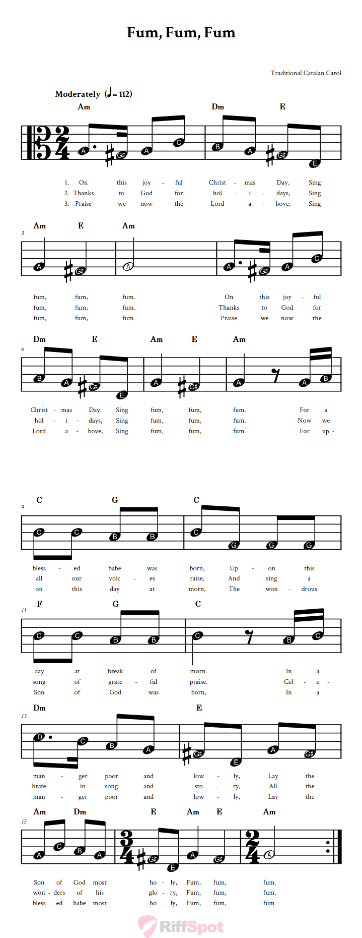 Fum, Fum, Fum Beginner Alto Clef Sheet Music With Letters for Note Names