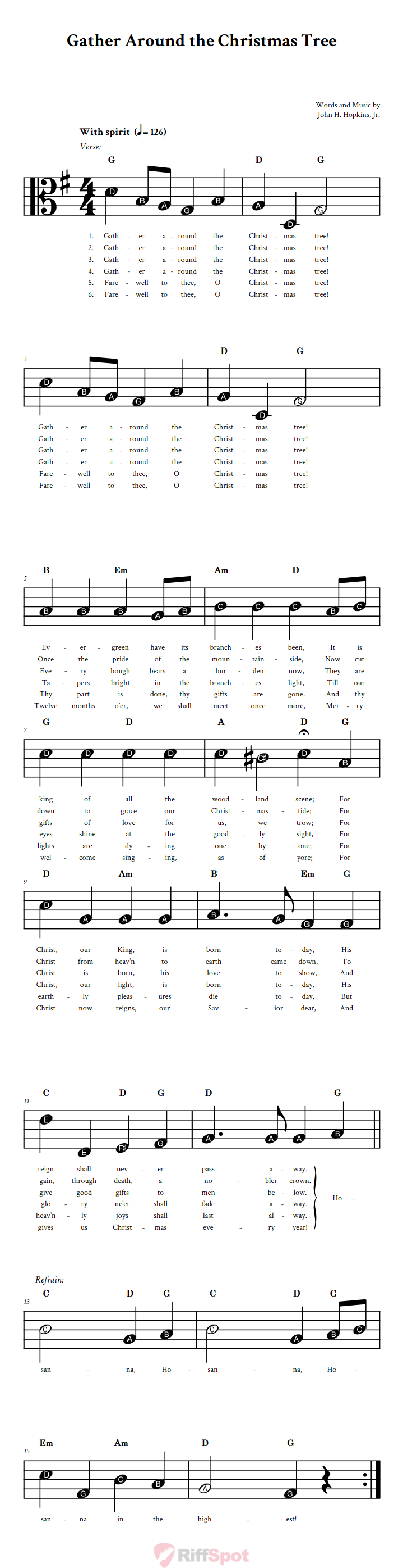 Gather Around the Christmas Tree Beginner Alto Clef Sheet Music With Letters for Note Names