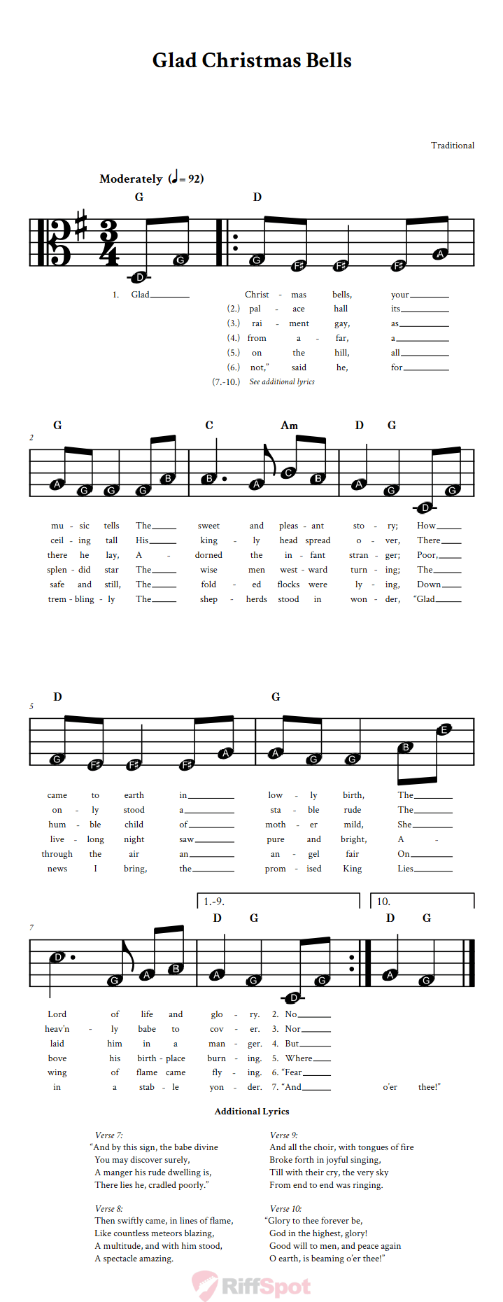 Glad Christmas Bells Beginner Alto Clef Sheet Music With Letters for Note Names