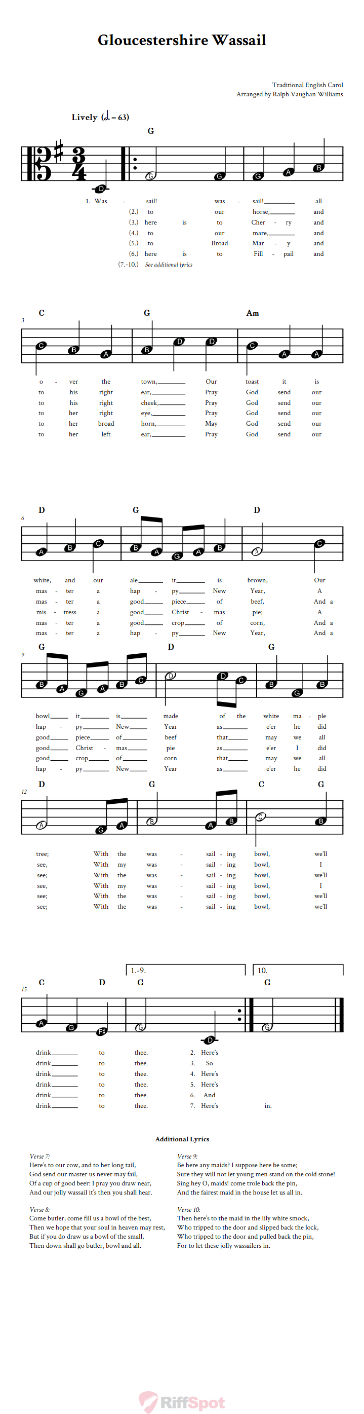 Gloucestershire Wassail Beginner Alto Clef Sheet Music With Letters for Note Names