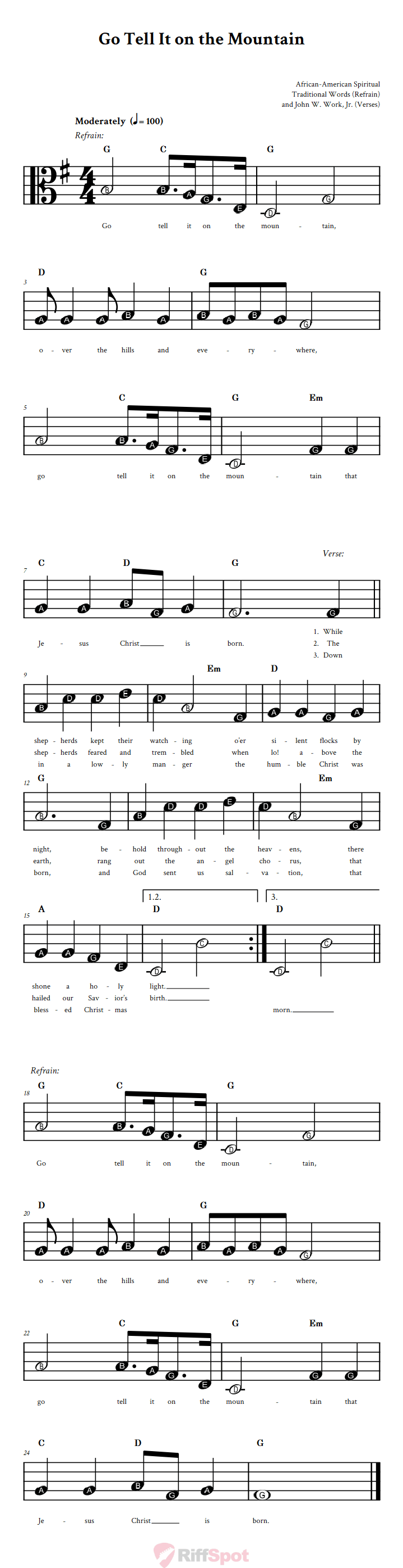 Go Tell It on the Mountain Beginner Alto Clef Sheet Music With Letters for Note Names