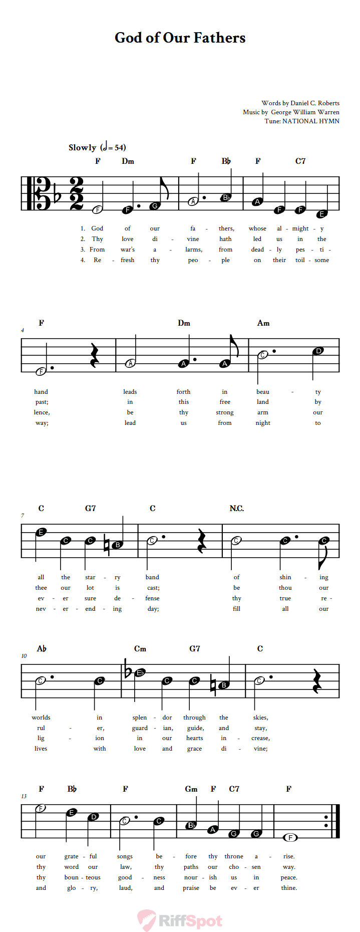 God of Our Fathers Beginner Alto Clef Sheet Music With Letters for Note Names