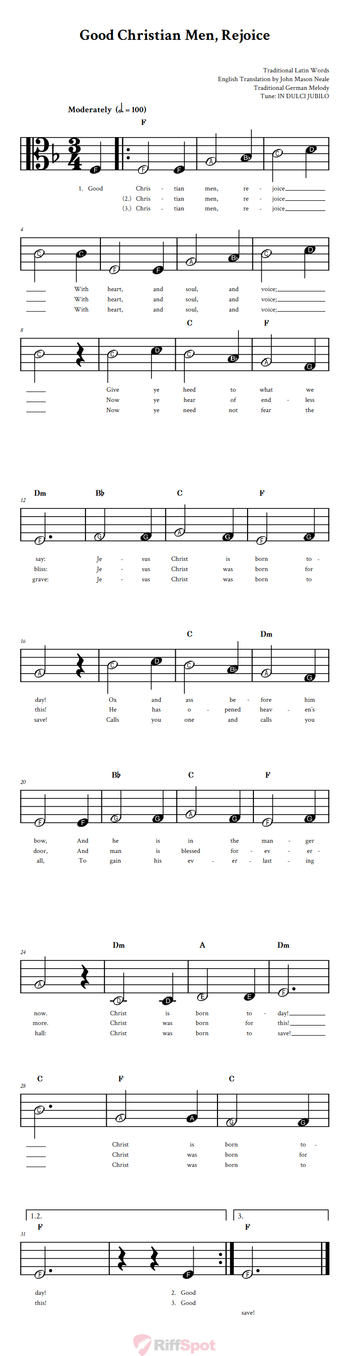 Good Christian Men Rejoice Beginner Alto Clef Sheet Music With Letters for Note Names
